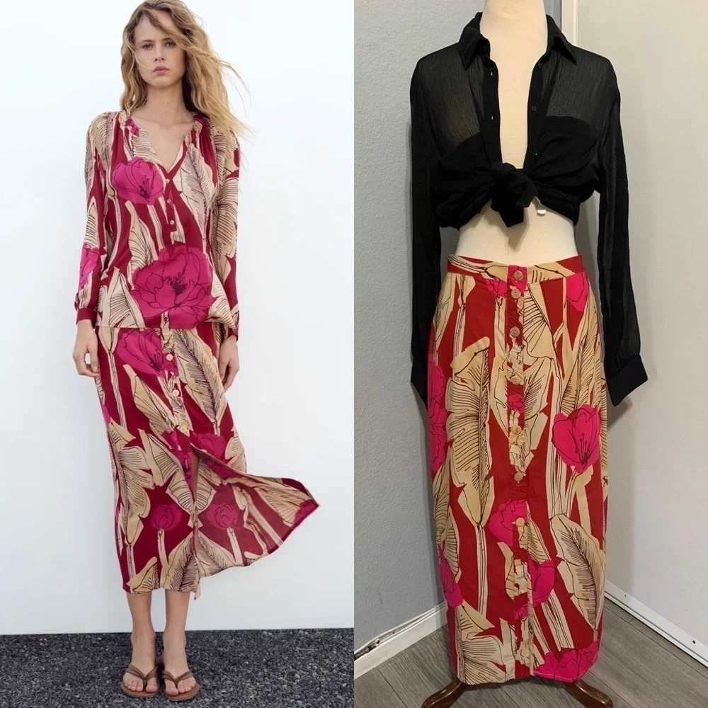 Zara New Women Bohemian Floral‎ Print High Waisted Midi Skirt Size M